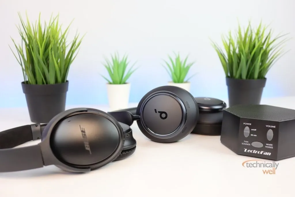 Soundcore Space Q45 and white noise machine and Bose QuietComfort 35 II