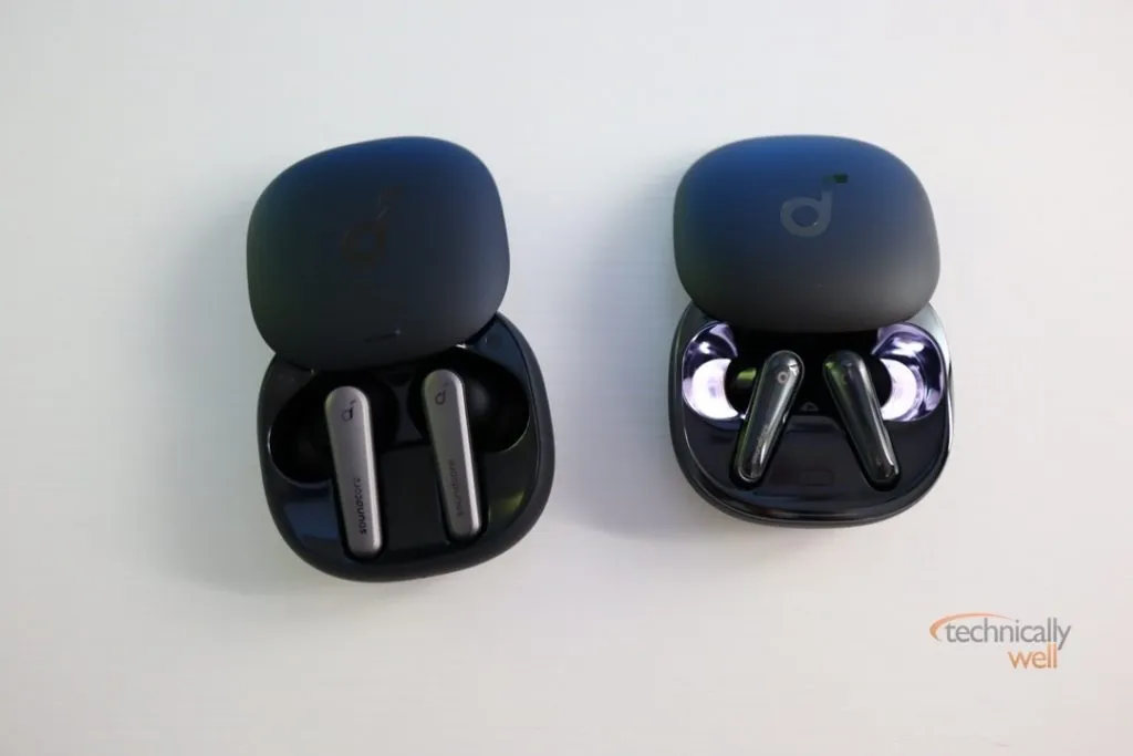 Soundcore Liberty Air 2 Pros in their case (left) and Soundcore Liberty 4 in their case (right)