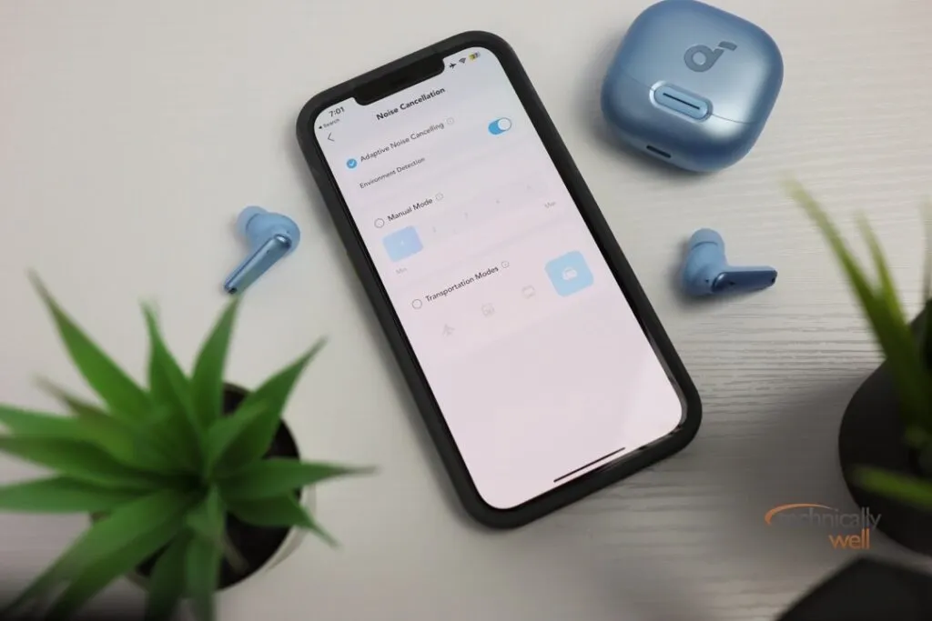 Soundcore Liberty 4 NC with app showing Noise Cancellation modes