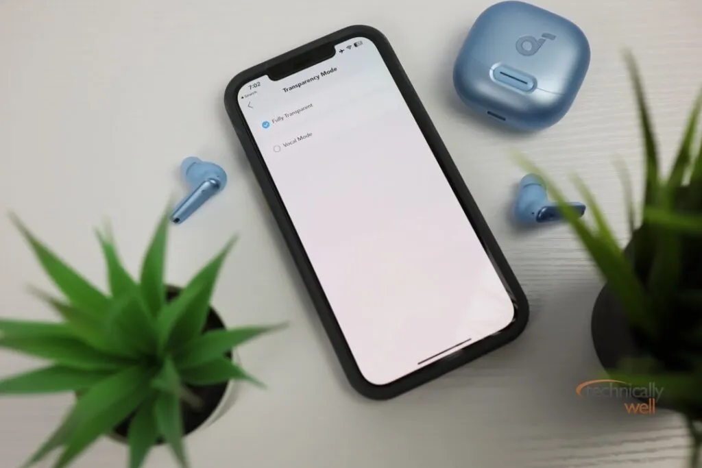 Soundcore Liberty 4 NC with app showing Transparency Mode settings