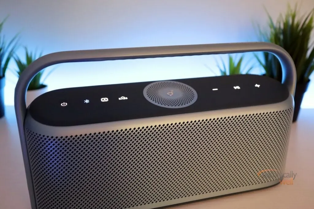 Soundcore Motion X600 speaker close up on backlit buttons