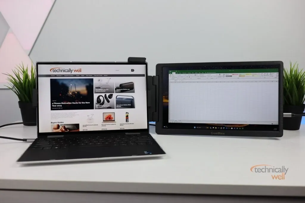 ELECROW Laptop Monitor CrowView clamped to Dell XPS 13 laptop