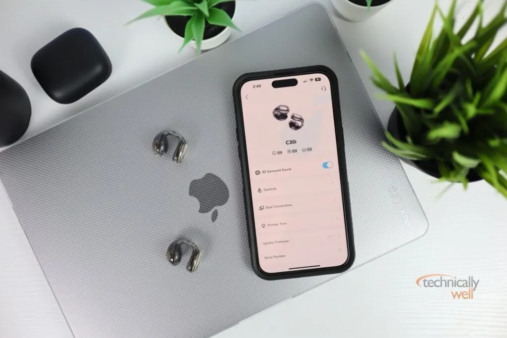 soundcore C30i Earbuds with laptop and phone app
