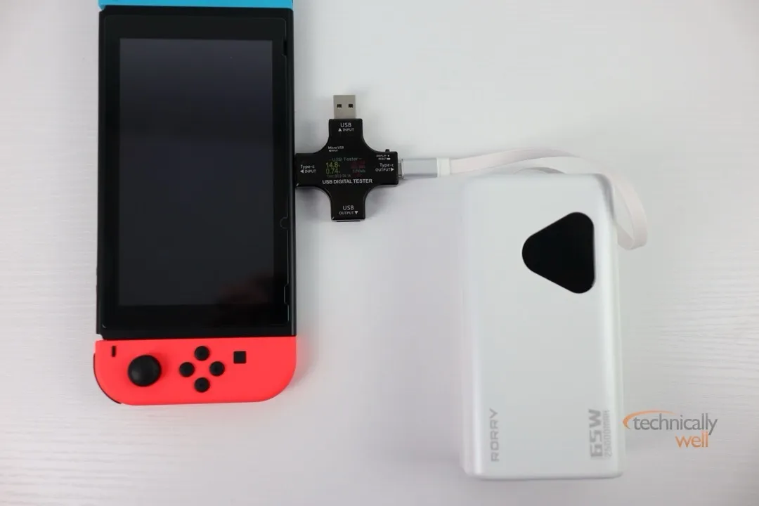 RORRY 25000mAh 65W Laptop Power Bank charging a Nintendo Switch